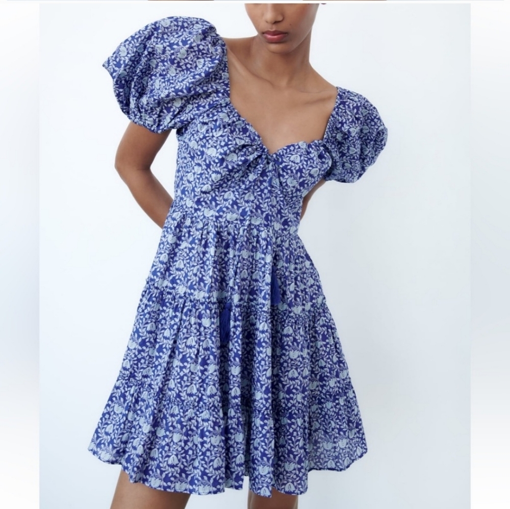 CUTE  Printed Dress Short Blue Balloon Sleeves - Picture 8 of 8